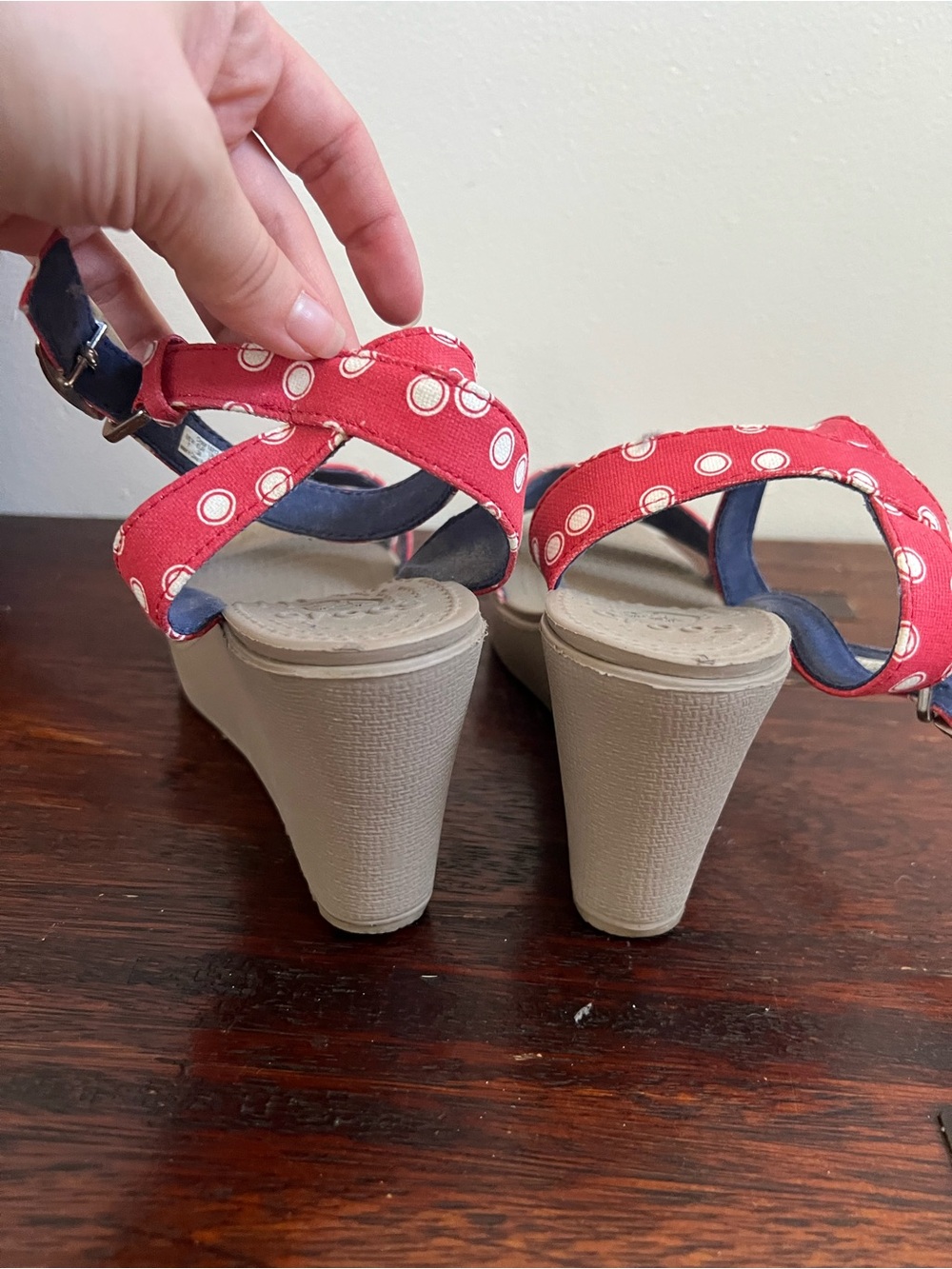 CROCS Red Polka Dot Strappy Wedge Sandals - Picture 4 of 6
